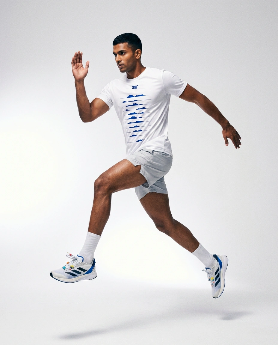 Runner mid stride in the white Climb race tee