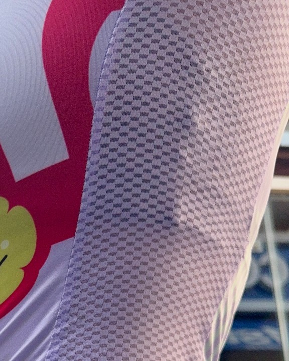 Close-up of the engineered mesh weave on the Switchback Jersey Lilac colourway.