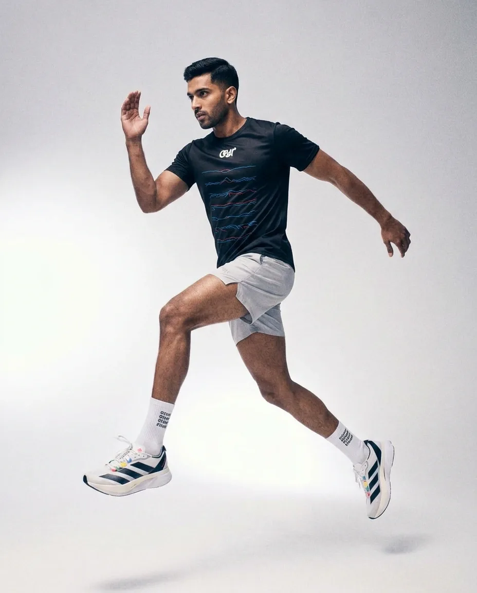 Runner mid stride in the Gradient race tee